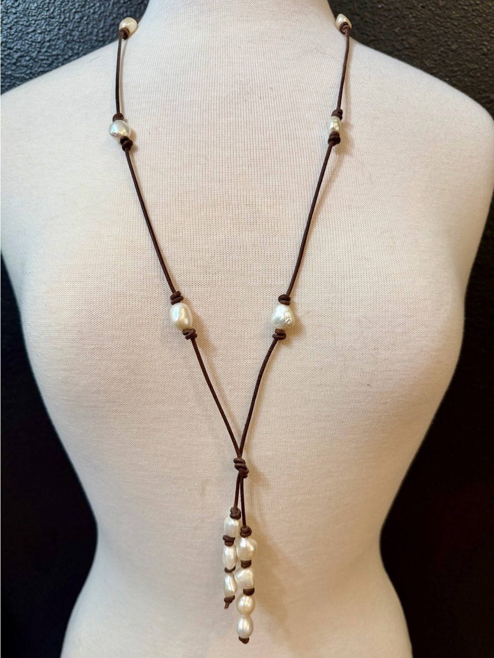 Brown Leather Lariat Necklace with White Pearl Accents 20.5” L